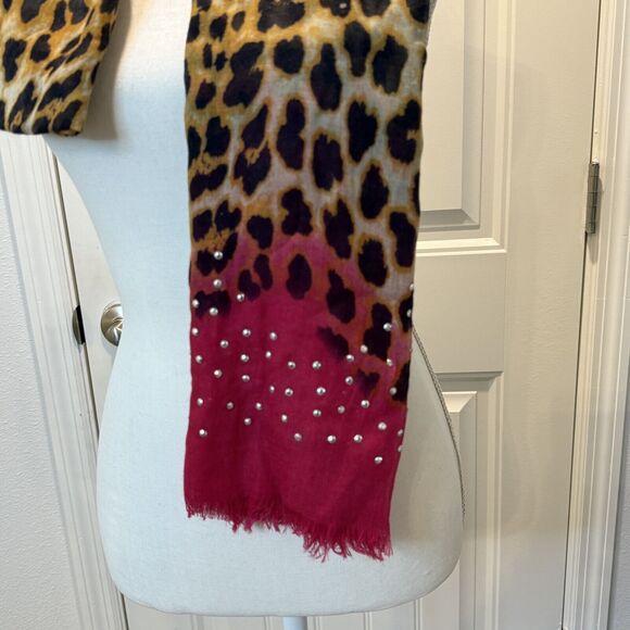 Large Leopard Spotted Scarf Bright Pink Accents Studded 27 x 100 NWT - Picture 11 of 14